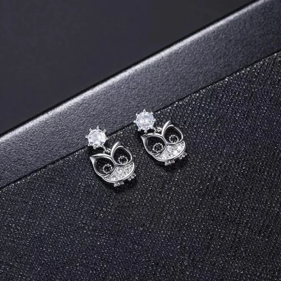 14k Gold Adorable Diamond Owl Earrings Sterling Silver - Picture 4 of 9